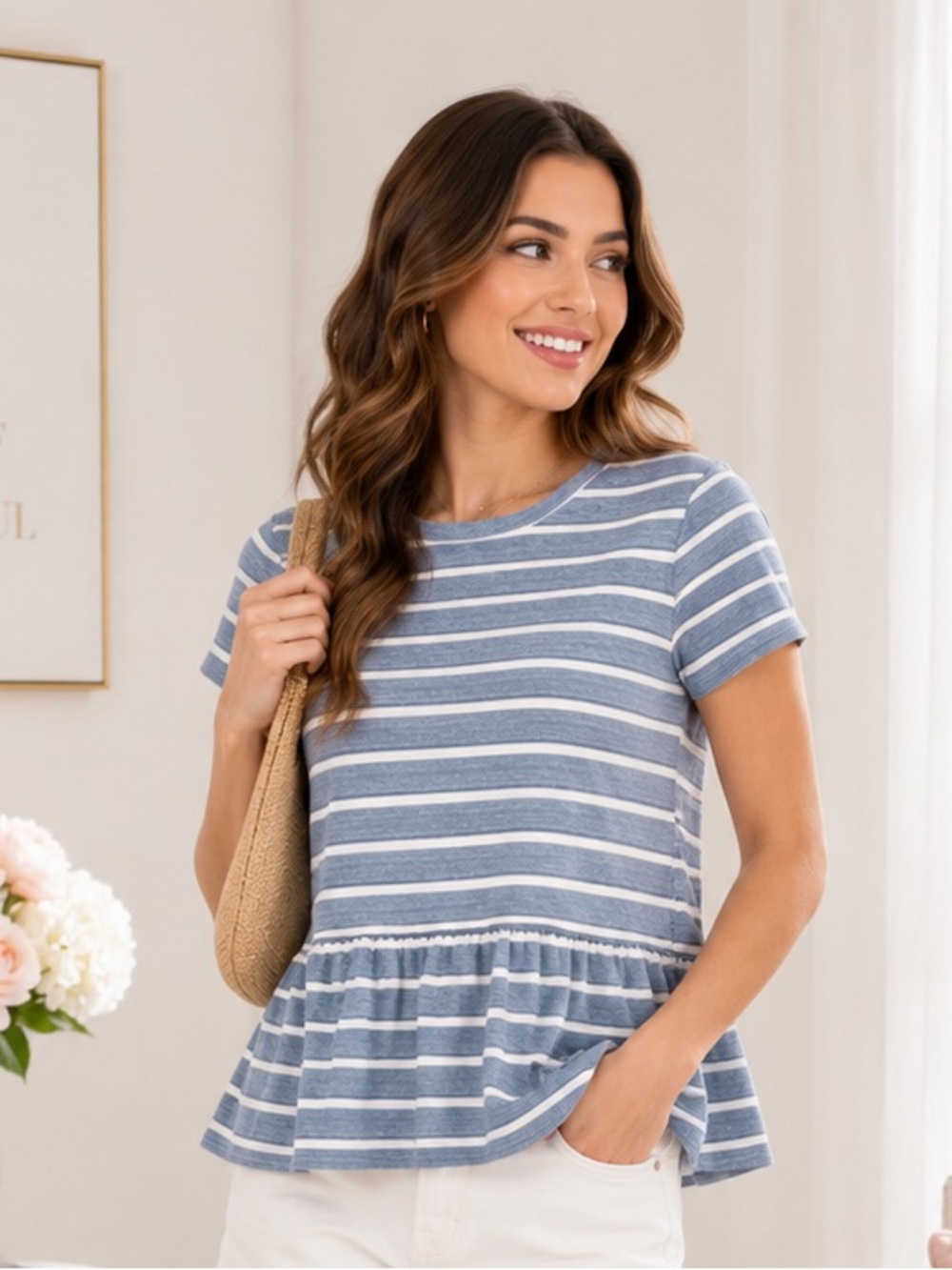 LC Lauren Conrad Blue White Stripe Peplum Top Short Sleeve Feminine Casual NWT S